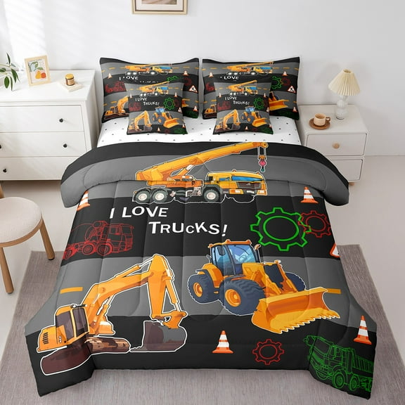Erosebridal Construction Truck Bedding Sets Full Size, Rustic Tractor Comforter Sets with Sheets, Cartoon Vehicle Bed Set, Lightweight Room Decoration, 7pcs