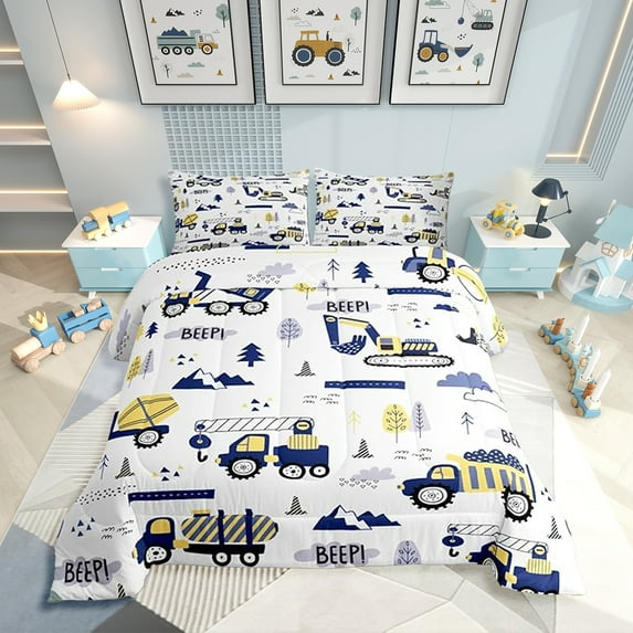 Erosebridal Construction Truck Comforter Cartoon Cars Bedding Set Machinery Excavator Tractor Equipment Cute Vehicles Blue Yellow Quilt
