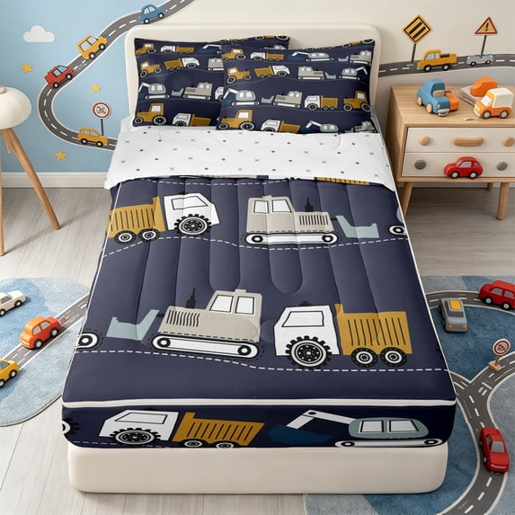 Erosebridal Construction Truck Zipper Twin Comforter Sets with Fitted Sheet and 2 Pillowcases,Cute Excavator Zipper Bedding Set For Boys,Reversible,4pcs