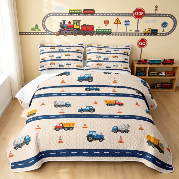 Erosebridal Construction Vehicle Bed Spread Queen, Truck Queen Coverlet Set, Blue Road 3-Piece 1 Quilt and 2 Pillowcases