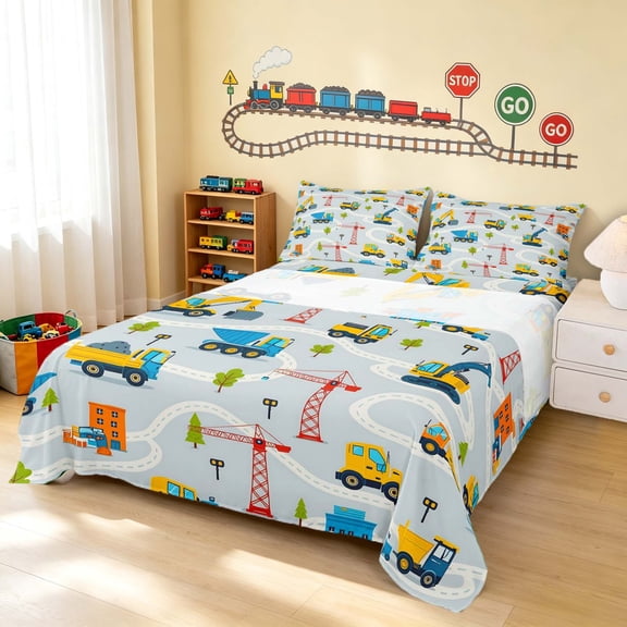 Erosebridal Construction Vehicle Queen Sheets, Truck Queen Sheet Sets, Blue Map 4pcs (1 Flat Sheet, 1 Fitted Sheet and 2 Pillowcases)