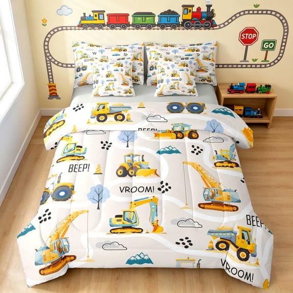 Erosebridal Construction Vehicle Twin Bedding, Truck Bedding Comforter Set, Construction Vehicles, Gray Reversible 7-Piece