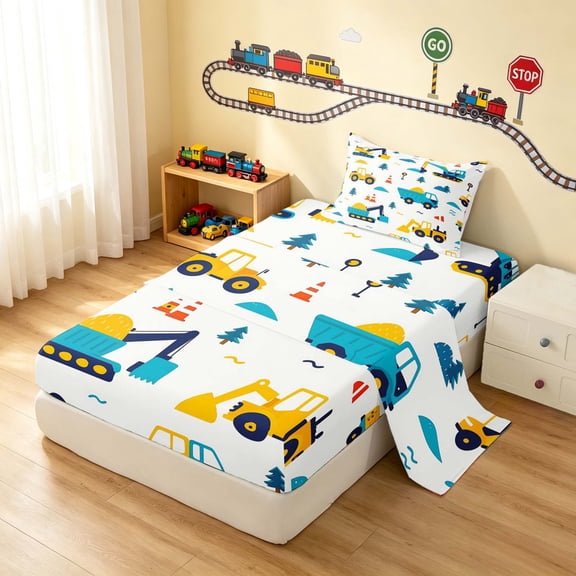 Erosebridal Construction Vehicle Twin Sheets, Excavator Bedding, White Blue 3 Pieces (1 Flat Sheet, 1 Fitted Sheet and 1 Pillowcase)