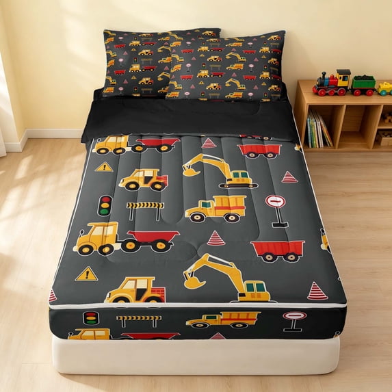 Erosebridal Construction Vehicle Zipper Full Size Comforter Sets with Fitted Sheet and 2 Pillowcases, Truck Zipper Bedding Set, Dark Pattern, Black Reversible