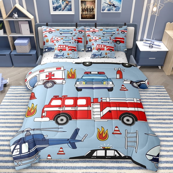 Erosebridal Construction Vehicles Bedding Sets Twin Size,Fire Truck Comforter Sets with Sheets,Equipment Truck Bed in a Bag Twin Size For Youth,Microfiber Bedroom Decor,7-Piece