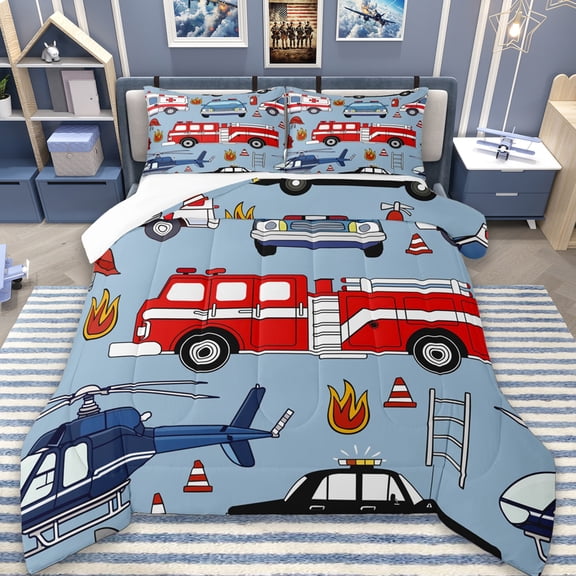 Erosebridal Construction Vehicles Bedding Twin Comforter Set,Fire Truck Down Comforter,Equipment Truck Bedding Sets Twin with Comforter For Youth,Microfiber Bedroom Decor,2-Piece