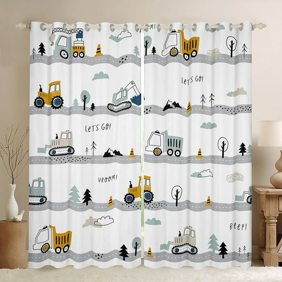 Erosebridal Construction Window Curtains Bedroom Excavator Truck Curtains 42"Wx63"L,Cartoon Vehicle Cars Curtains & Drapes Tractor Window Treatments 2 Panels Yellow Blue White