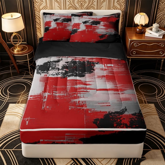 Erosebridal Contemporary Edgy Zipper Full Size Comforter Sets with Fitted Sheet and 2 Pillowcases,Paint Smear Pattern Zipper Bedding Set,Red Black Grey,Black Reversible