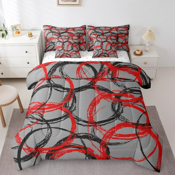 Erosebridal Contemporary Geometry Bedding Sets Twin Size, Red Black Gray Comforter Sets with Sheets, Abstract Circles Bedding Accessories, Ultra Soft Bedroom Decor, Reversible 7pcs