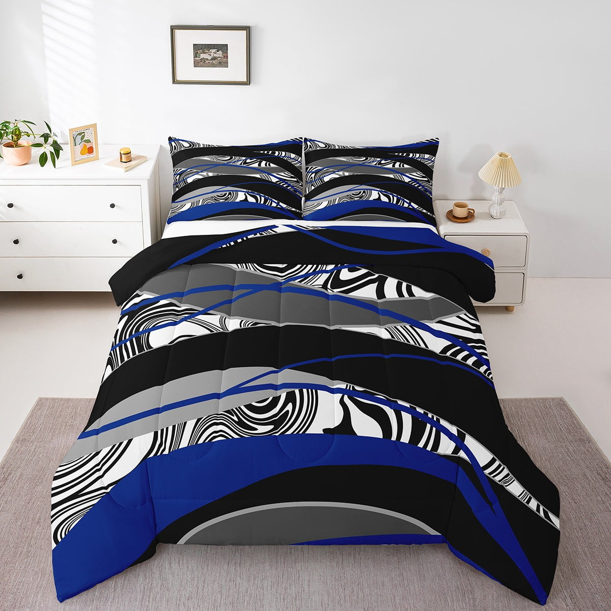 Erosebridal Contemporary Stripe Line Bedding Sets Twin with Comforter,  Modern Abstract Duvet Insert, Gray Black Blue Comforter Sets Twin Size,  Super Cozy Bedroom Decorative, 2pcs - Walmart.com, image size:1200x1200