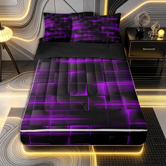 Erosebridal Contemporary Tech Zipper Twin Comforter Sets with Fitted Sheet and 2 Pillowcases,Bright Block Print Zipper Bedding Set,Purple Black,Black Reversible