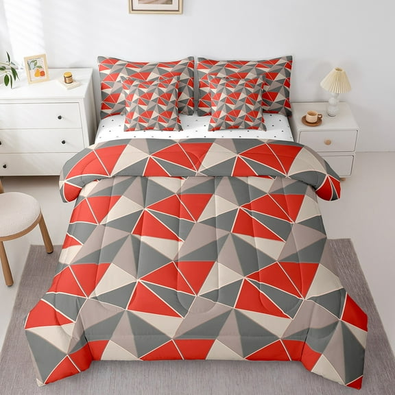 Erosebridal Contemporary Triangle Bedding Sets Queen Size, Red Gray Comforter Sets with Sheets, Microfiber Bedding Accessories, Room Decor, Reversible 7pcs