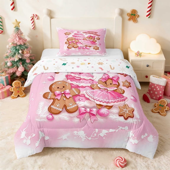 Manfei Cookie Twin Comforter Sets Holiday Bedding Set, Mint Pink 2 Pieces 1 Comforter and 1 Pillowcase, Xmas Reversible