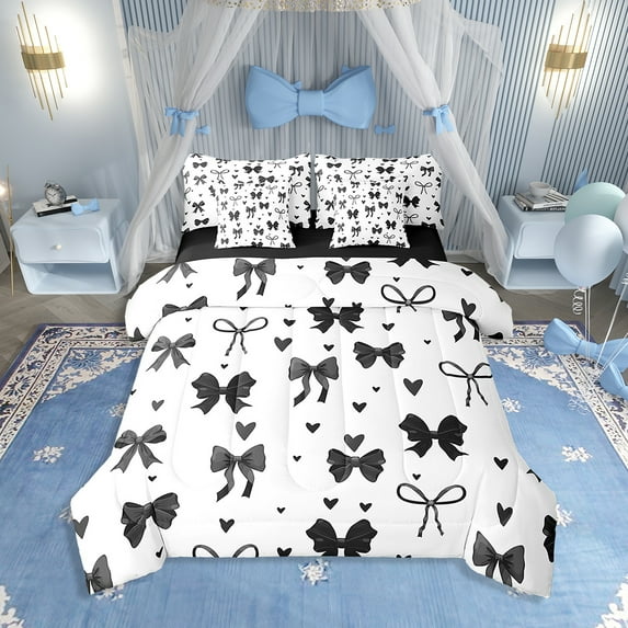 Erosebridal Cool Bow Tie Bedding Sets King Size, Princess Comforter Sets with Sheets, Black, Reversible 7pcs