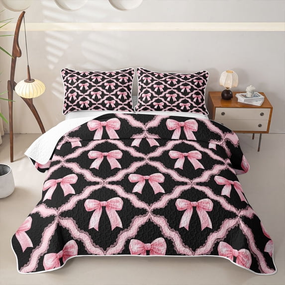 Erosebridal Cool Girls Bowknot Quilt Full, Princess Cartoon Full Bedspread Sets, Black Pink, 3 Pieces
