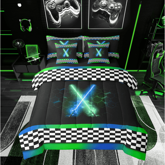 Erosebridal Cool Lightsaber Bed in a Bag Twin size, Honeycomb Bed Set, Checkered Flag Decor, Reversible 7pcs