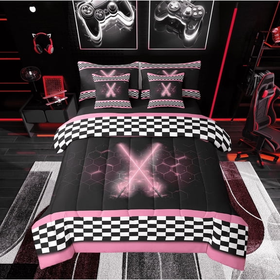 Erosebridal Cool Lightning Bed in a Bag Twin size, Honeycomb Bed Set, Checkered Flag Decor, Reversible 7pcs