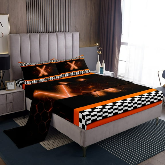 Erosebridal Cool Lightsaber Twin Sheet Sets, Orange Honeycomb Bedding Twin Size, Checkered Flag Decor 3pcs