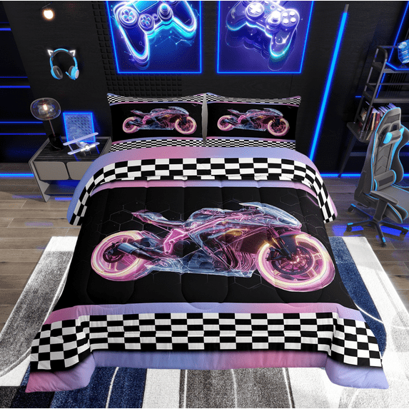 Erosebridal Cool Motorcycle Bedding Sets Twin with Comforter, Honeycomb Duvet Insert, Checkered Flag Decor, Super Cozy 2pcs