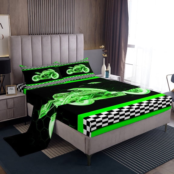 Erosebridal Cool Motorcycle Twin Sheet Sets, Honeycomb Bedding Twin Size, Checkered Flag Decor 3-Piece