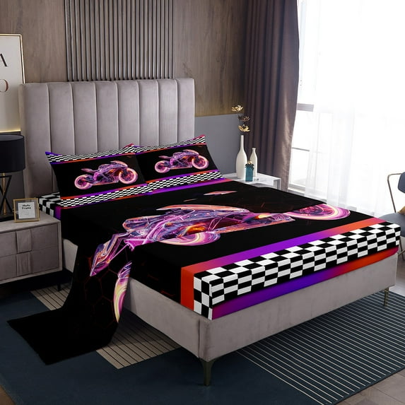 Erosebridal Cool Motorcycle Twin Sheet Sets, Honeycomb Bedding Twin Size, Checkered Flag Decor 3 Pieces