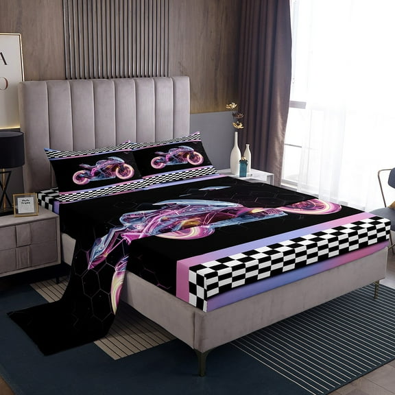 Erosebridal Cool Motorcycle Twin Sheet Sets, Honeycomb Bedding Twin Size, Checkered Flag Decor 3pcs