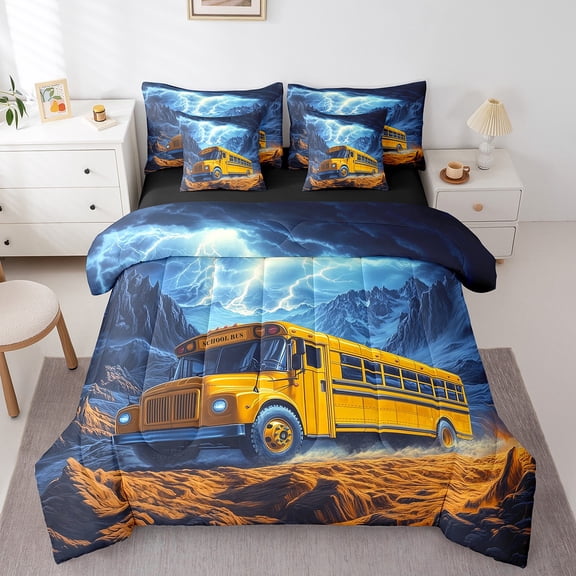 Erosebridal Cool School Bus Bedding Full Size, Nature Lightning Mountain Comforter Sets with Sheets, Transportation Theme Duvet Set, Lightweight Room Decor, Reversible 7-Piece