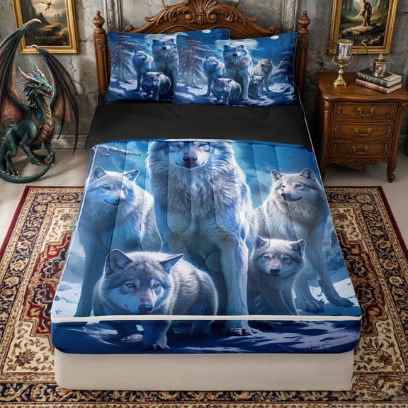 Erosebridal Cool Sno Wolf Zipper Twin Comforter Sets with Fitted Sheet and 2 Pillowcases for Boys, Blue Winter Forest Animal Zipper Bedding Set, Black Reversible, 4pcs