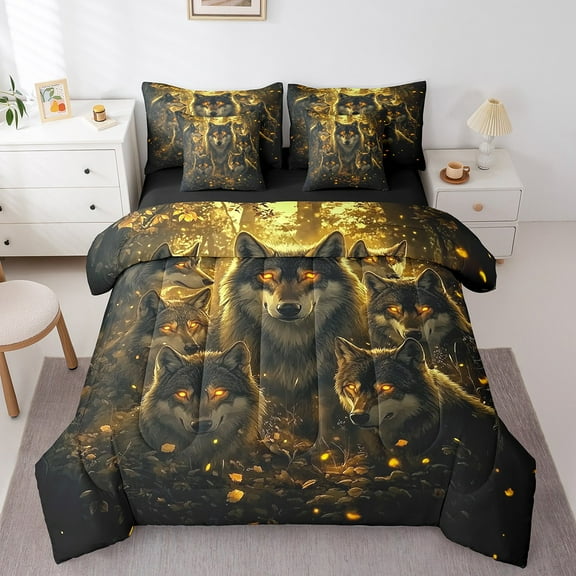 Erosebridal Cool Wolf Bed in a Bag Full size, 3D Animal Bed Set, Mystic Jungle Reversible Comforter Sets, Lightweight Bedroom Decor, 7-Piece