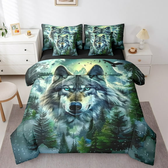 Erosebridal Cool Wolf Bedding Queen Size, 3D Animal Bed in a Bag Queen size, Mystic Jungle Reversible Bed Set, Super Cozy Room Decorative, 7 Pieces
