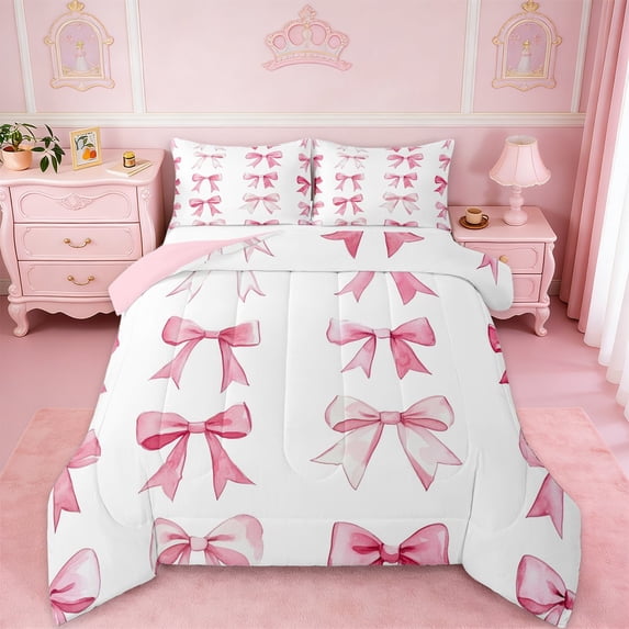 Erosebridal Coquette Bow Full Size Comforter Sets For Kids,Pink Dreamy Princess Bowknot Theme Bedding Sets For Girls,Pink Reversible,3-Piece