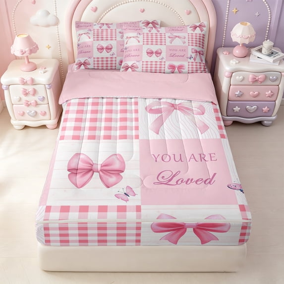 Erosebridal Coquette Patchwork Zipper Twin Comforter Sets with Fitted Sheet and 2 Pillowcases,Pink Bow Gingham Zipper Bedding Set For Girls,Pink Reversible,4-Piece