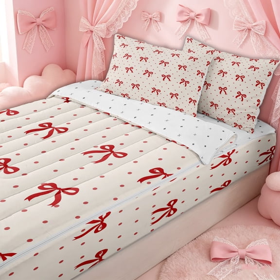 Erosebridal Coquette Polka Dot Bow Zipper Twin Comforter Sets with Fitted Sheet and 2 Pillowcases for Girls, Red Sweet Dot Ribbon Zipper Bedding Set, Reversible, 4 Pieces