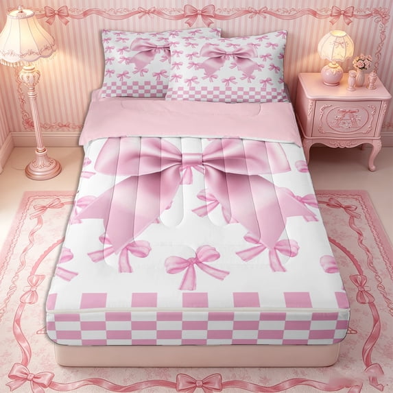Erosebridal Coquette Satin Bow Zipper Twin Comforter Sets with Fitted Sheet and 2 Pillowcases,Sweet Checkered Motif Zipper Bedding Set,Pink White,4-Piece,Pink Reversible