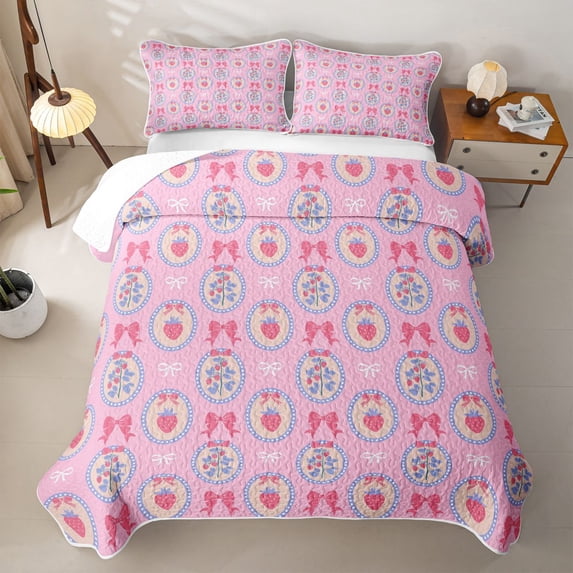 Erosebridal Coquette Strawberry Bow Twin Quilt Set,Pink Berry Ribbon Cute Twin Coverlet Set For Girls,2-Piece