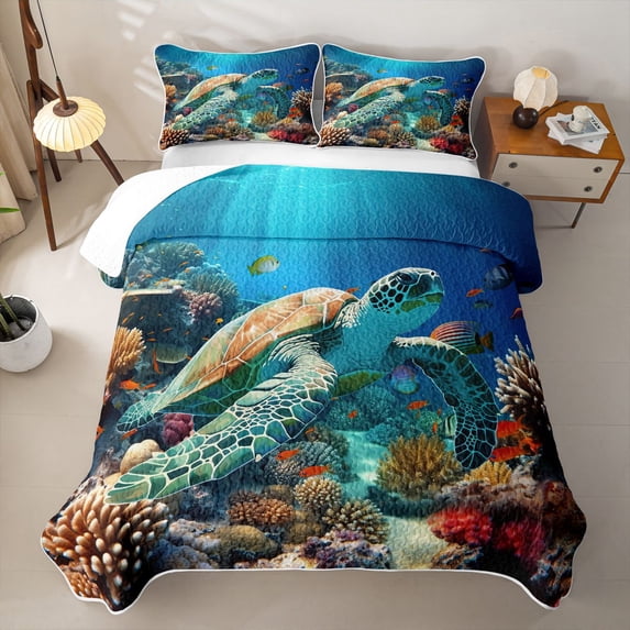 Erosebridal Coral Sea Turtle Twin Quilt Set,Tropical Fish Underwater Twin Coverlet Set For Boys,2-Piece