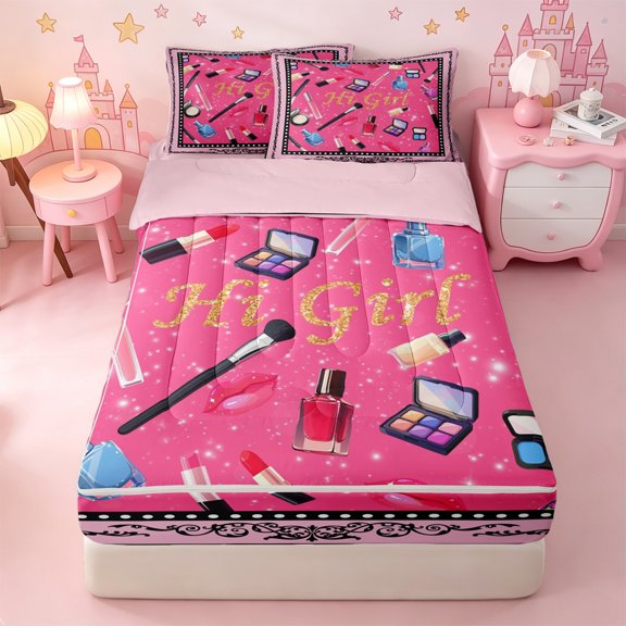 Erosebridal Cosmetic Pattern Zipper Twin Comforter Sets with Fitted Sheet and 2 Pillowcases,Makeup Glitter Print Zipper Bedding Set For Girls,Pink Reversible,4pcs