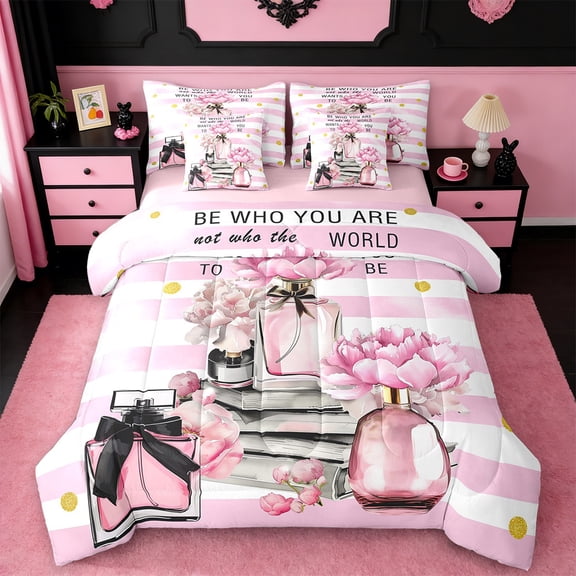 Erosebridal Cosmetics Perfume Bedding Sets Twin Size,Pink Flower Comforter Sets with Sheets,Geometric Stripes Bed in a Bag Twin Size For Girls,Super Cozy Room Decor Reversible,7-Piece