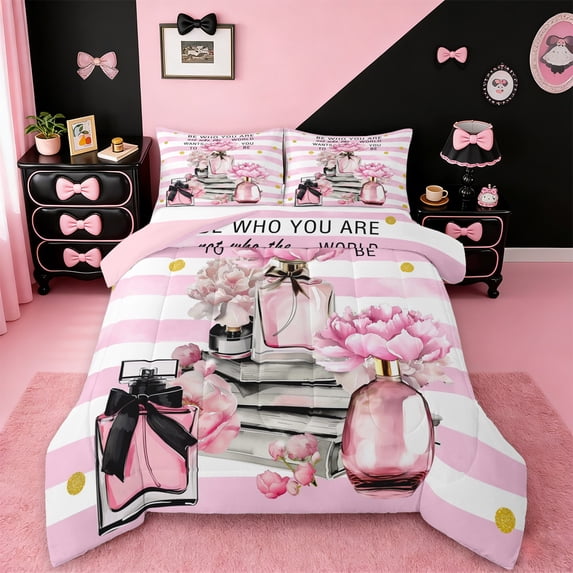 Erosebridal Cosmetics Perfume Comforter Sets Queen Size,Pink Flower Comforters & Duvets,Geometric Stripes Bedding Queen Comforter Set For Girls,Super Cozy Room Decor Reversible,3-Piece