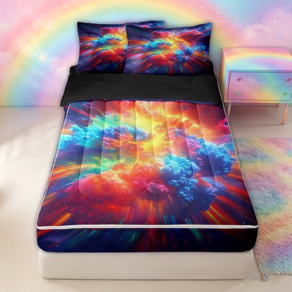 Erosebridal Cosmic Cloud Galaxy Zipper Twin Comforter Sets with Fitted Sheet and 2 Pillowcases for Boys Girls, Rainbow Space Zipper Bedding Set, Black Reversible, 4 Pieces