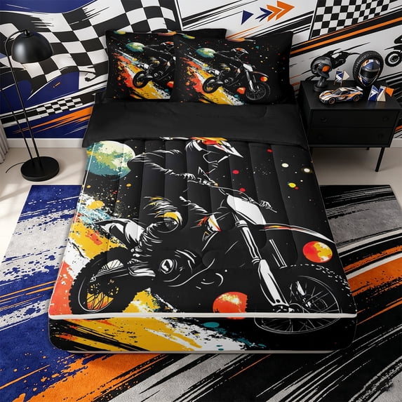 Erosebridal Cosmic Dirt Bike Pattern Zipper Twin Comforter Sets with Fitted Sheet and 2 Pillowcases,Galactic Planet Print Zipper Bedding Set,Black Orange Yellow,Black Reversible