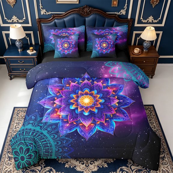 Erosebridal Cosmic Lotus Mandala 7-Piece Twin Bedding,Starry Night Motif Bedding Comforter Set,Black Reversible