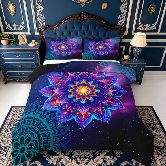 Erosebridal Cosmic Lotus Mandala Full Size Comforter Sets,Starry Night Motif Bedding Comforter Set,3-Piece,1 Comforter and 2 Pillowcases,Black Reversible