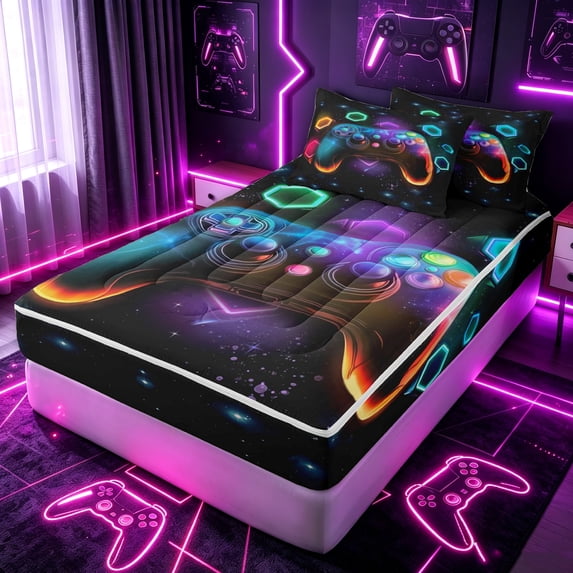 Erosebridal Cosmic Neon Game Controller Zipper Twin Comforter Sets with Fitted Sheet and 2 Pillowcases for Boys Men, Galaxy Gamepad Zipper Bedding Set, Colorful Gamepad Reversible, 4 Pieces