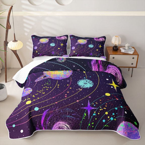 Erosebridal Cosmic Purple Planet Twin Quilt Set for Boys Girls, Glowing Sky Star Twin Coverlet Set, 2 Pieces