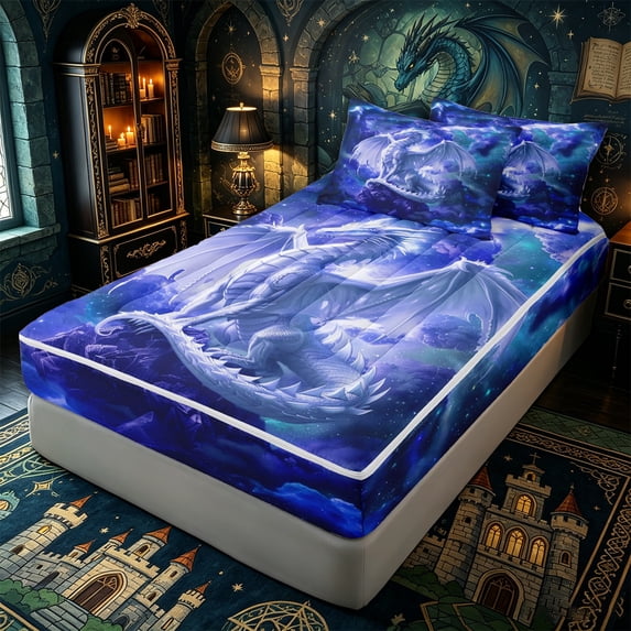 Erosebridal Cosmic White Dragon Print Zipper Twin Comforter Sets with Fitted Sheet and 2 Pillowcases,Nebula Cloud Star Accent Zipper Bedding Set,Blue White,4-Piece,Black Reversible