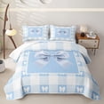 thumbnail image 1 of Erosebridal Cottage Gingham Bow Bed Spread Queen for Girls, Blue Plaid Ribbon Queen Coverlet Set, 3 Pieces, 1 of 7