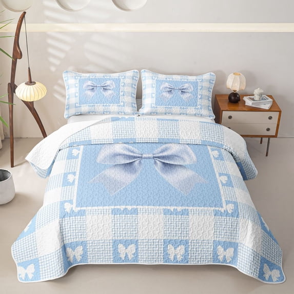 Erosebridal Cottage Gingham Bow Bed Spread Queen for Girls, Blue Plaid Ribbon Queen Coverlet Set, 3 Pieces