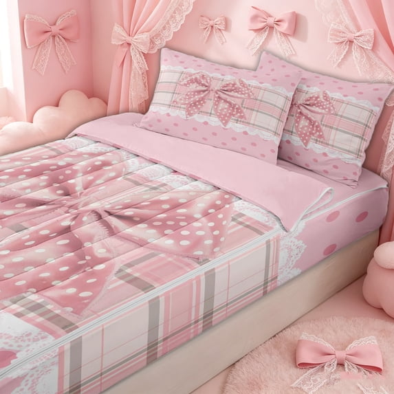 Erosebridal Cottage Plaid Bow Zipper Twin Comforter Sets with Fitted Sheet and 2 Pillowcases for Girls, Cute Polka Dot Buffalo Zipper Bedding Set, Pink Reversible, 4pcs