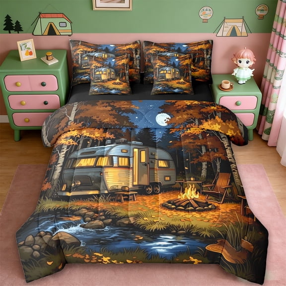 Erosebridal Country Camping Camper 7-Piece Twin Bedding Sets For Kids Boys,Adventure Theme Bedding Comforter Set For RV Lover,Reversible black